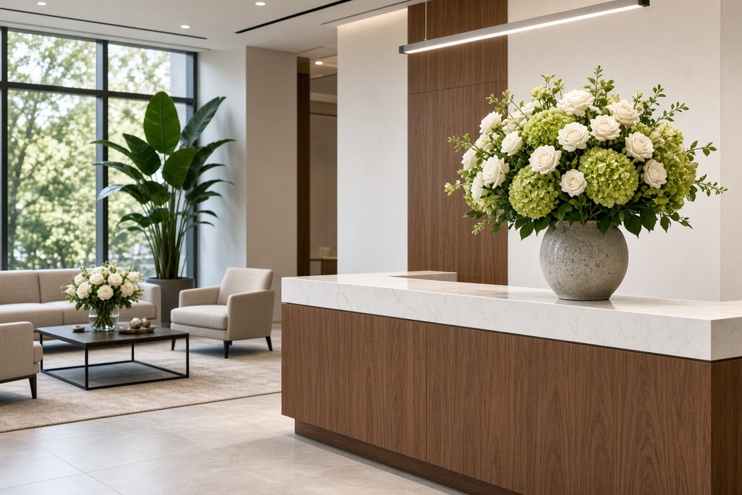 A large arrangement of white roses and green hydrangea in a stone vase on a walnut and marble lobby reception desk, with a smaller white rose arrangement on the coffee table in the seating area