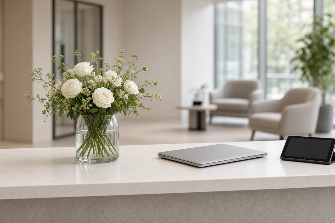 White roses with airy greenery in a clear glass vase on a white stone front desk beside a closed laptop and a tablet